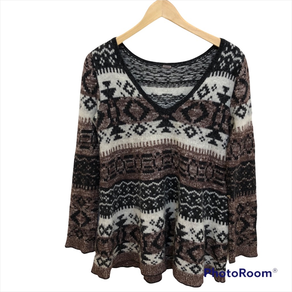 Free People Womens Size M V-Neck Sweater Black Brown White Knit Stripe Aztec